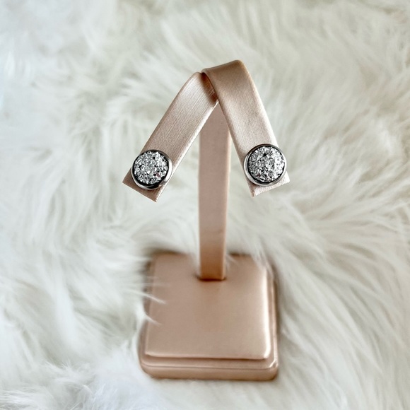 Metallic Silver Stainless Steel Druzy Stud Earrings - Picture 2 of 11